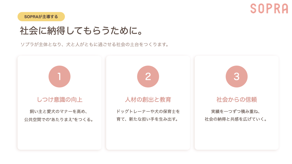 社会に納得してもらうために。── SOPRAが主導する3つの取り組み:しつけ意識/人材教育/社会信頼